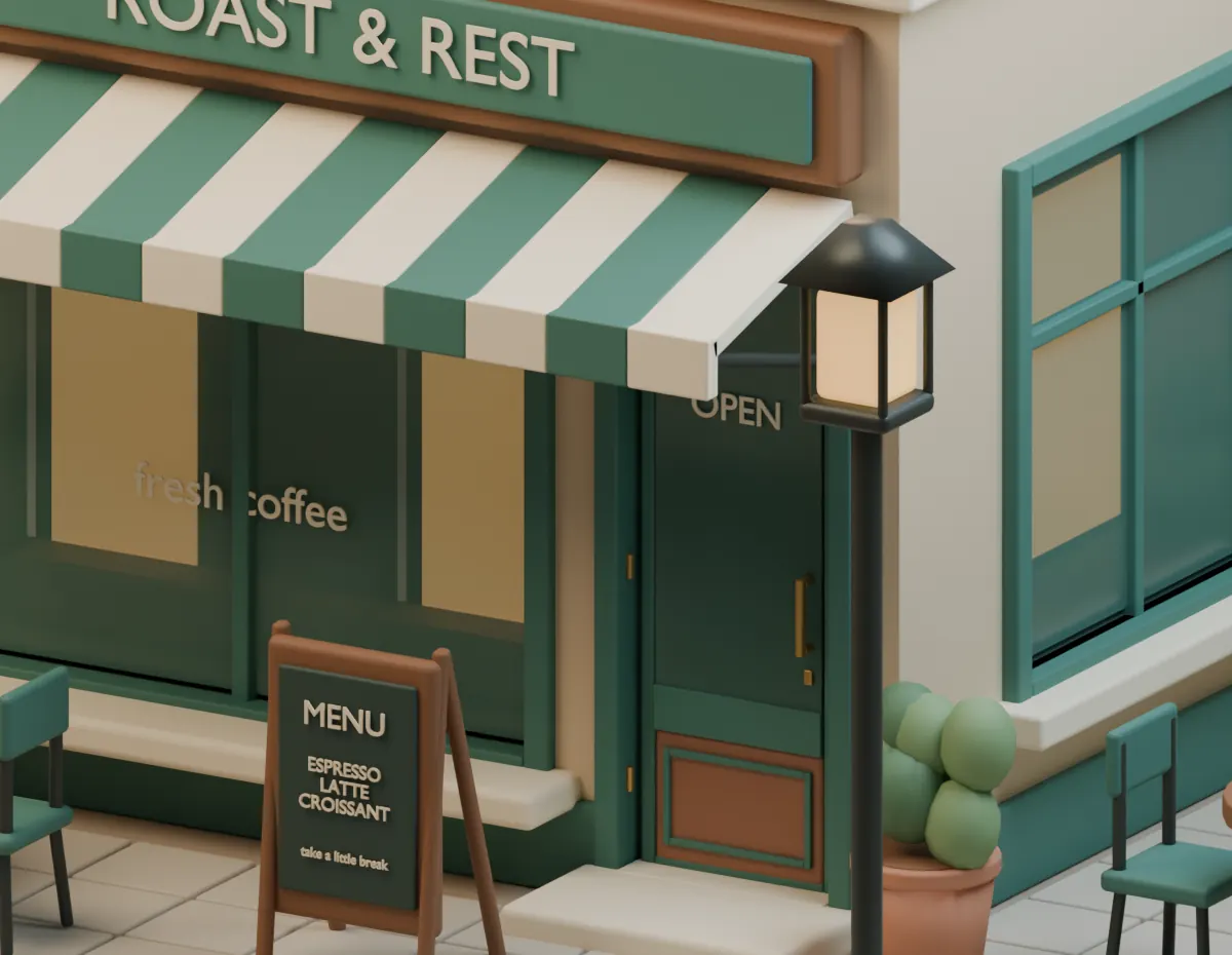 Зелёная дверь кофейни Roast & Rest под полосатым навесом
